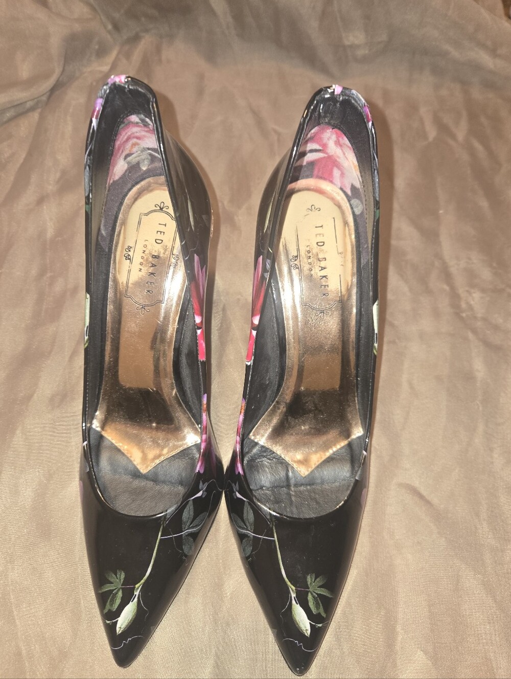 Ted Baker Black Floral Pointed-Toe Pumps with Pink Accents